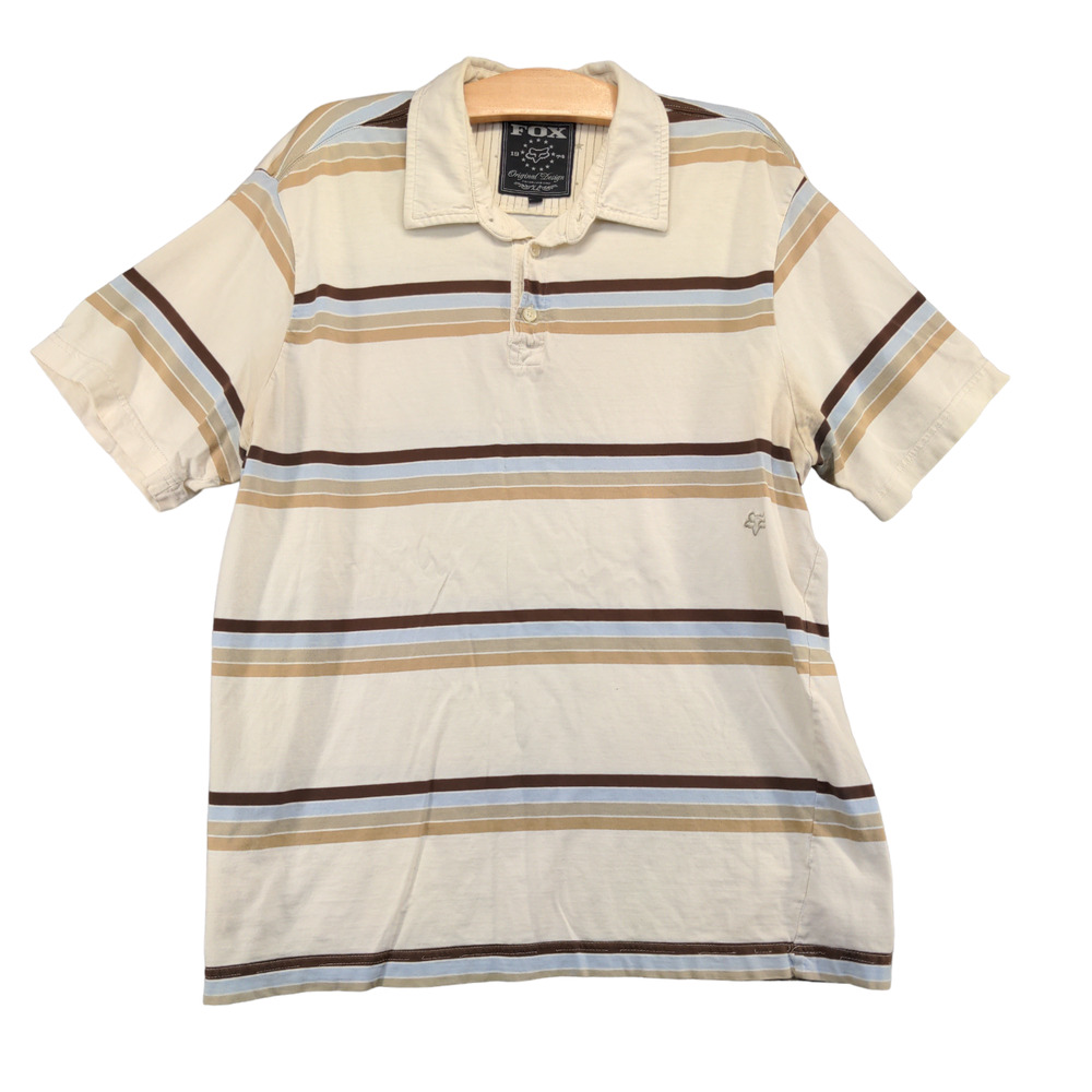 Fox Polo Men's Shirt Tan Size XL Short Sleeve Striped Regular Fit Cotton
